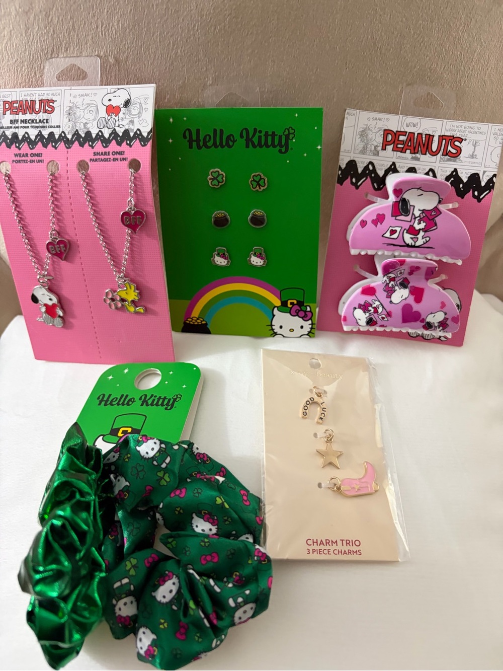 NWT Peanuts BFF Necklaces, Hello Kitty Earrings & Scrunchies and Charm Trio